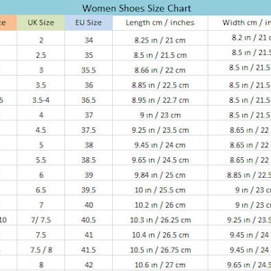 May include: A chart showing women's shoe sizes in US, UK, and EU sizes. The chart also includes the corresponding length and width of the shoe in centimeters and inches.