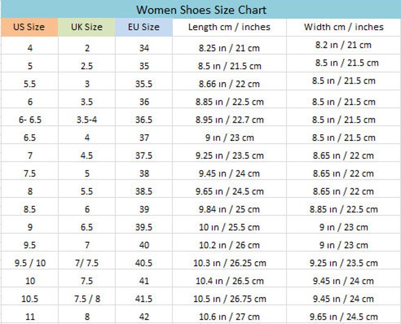May include: A chart showing women's shoe sizes in US, UK, and EU sizes. The chart also includes the corresponding length and width of the shoe in centimeters and inches.