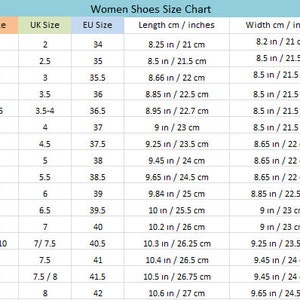 May include: A chart showing women's shoe sizes in US, UK, and EU sizes. The chart also includes the corresponding length and width of the shoe in centimeters and inches.