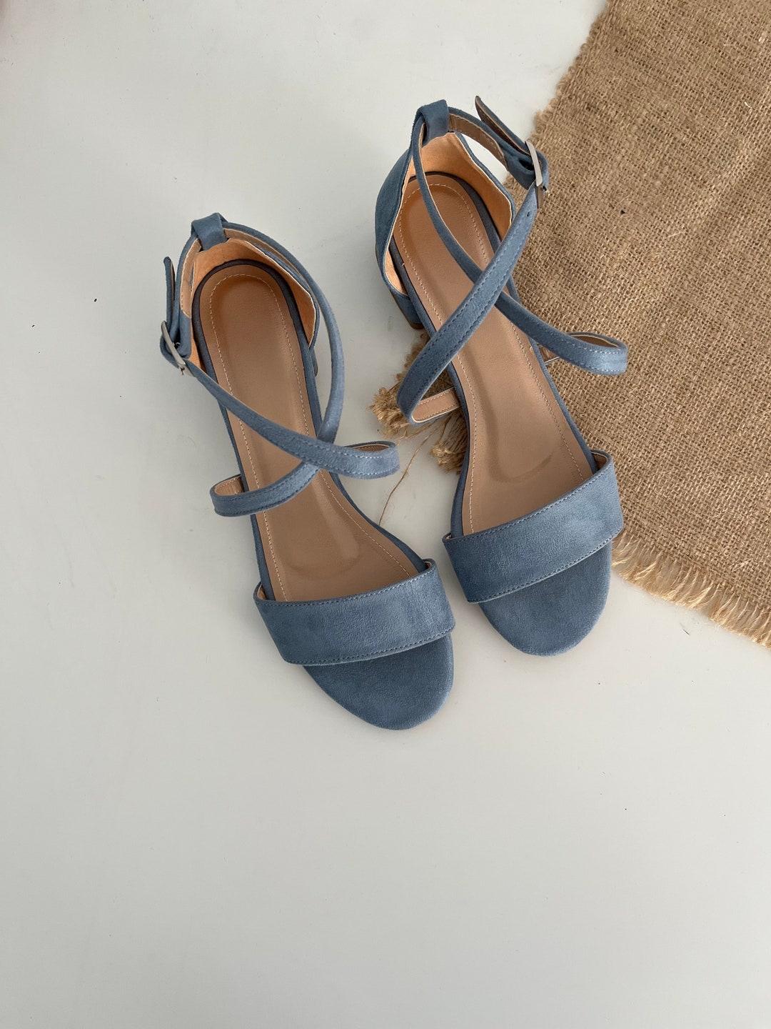 dusty blue chunky heel