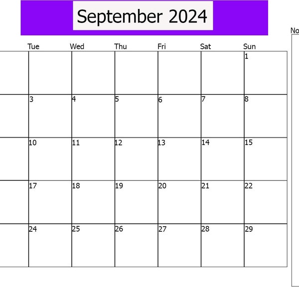 Calendrier de septembre 2024, septembre imprimable, HORIZONTAL PRINT DOWNLOAD Jpeg Print, Digital Downloads, September Calendar