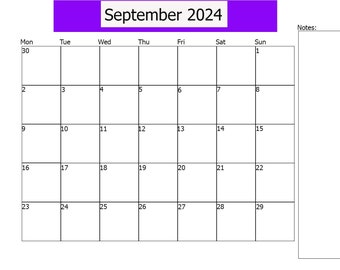 September 2024 Calendar, September Printable, HORIZONTAL PRINT DOWNLOAD Jpeg Print, Digital Downloads, September Calendar