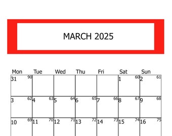 2025 Digital March Printable calendar, monthly digital planner, Digital Downloads, png files