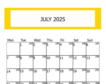 2025 July Printable Calendar DIGITAL CALENDAR 2025, PNG Print