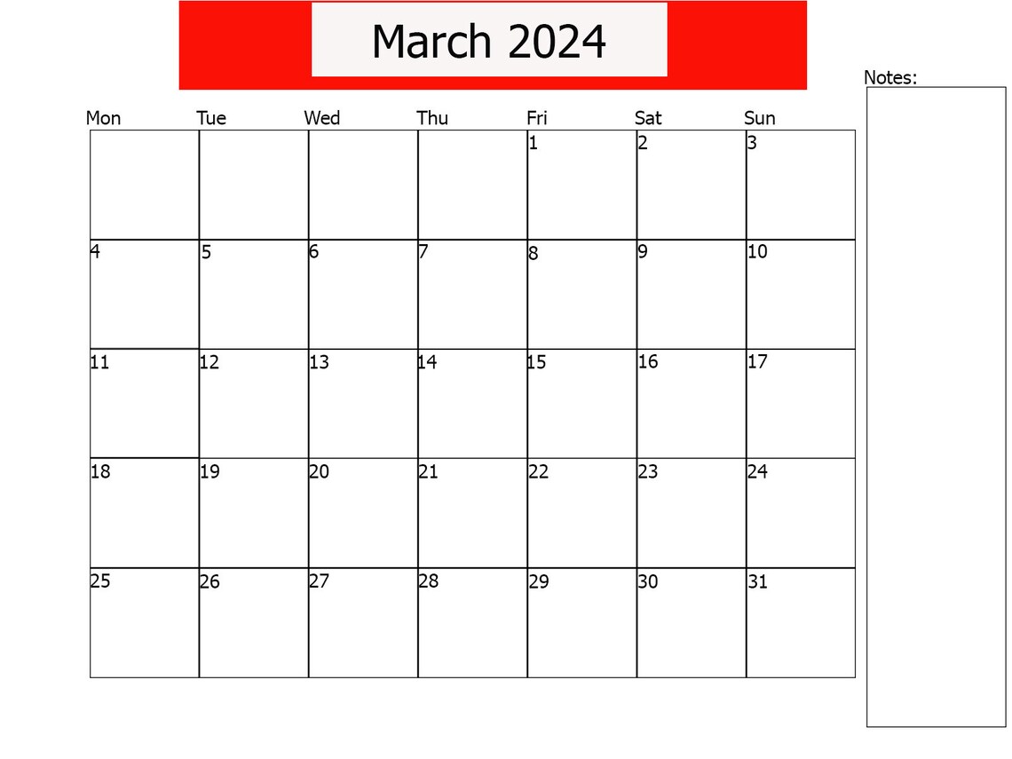March 2024 Calendar Printable, Horizontal/vertical Calendar Digital
