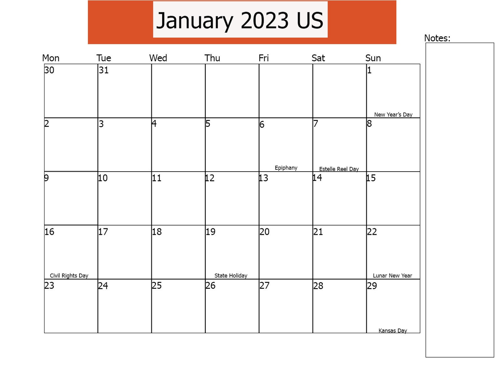 January 2023 USA Calendar Printable January 2023 2023 - Etsy Ireland
