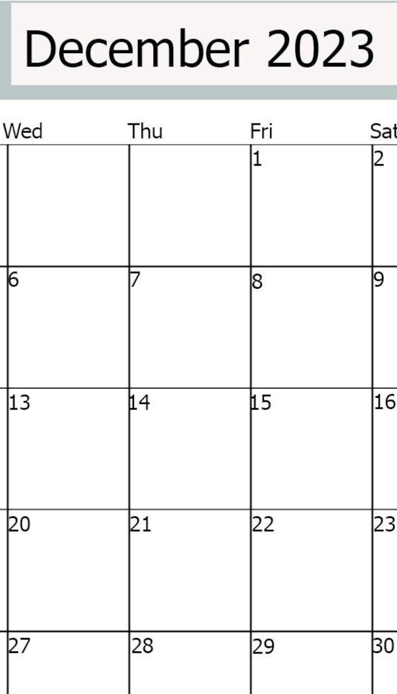 December Calendar 2023 Printable, Digital Christmas Calendar,green