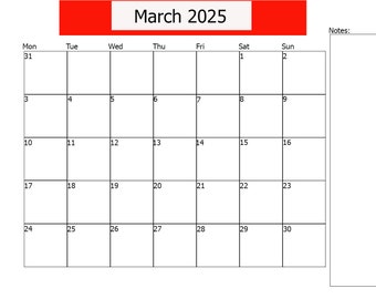 March 2025 calendar printable, calendar March 2025 printable, Student digital calendar 2025, Digital Downloads Calendars and Planners.