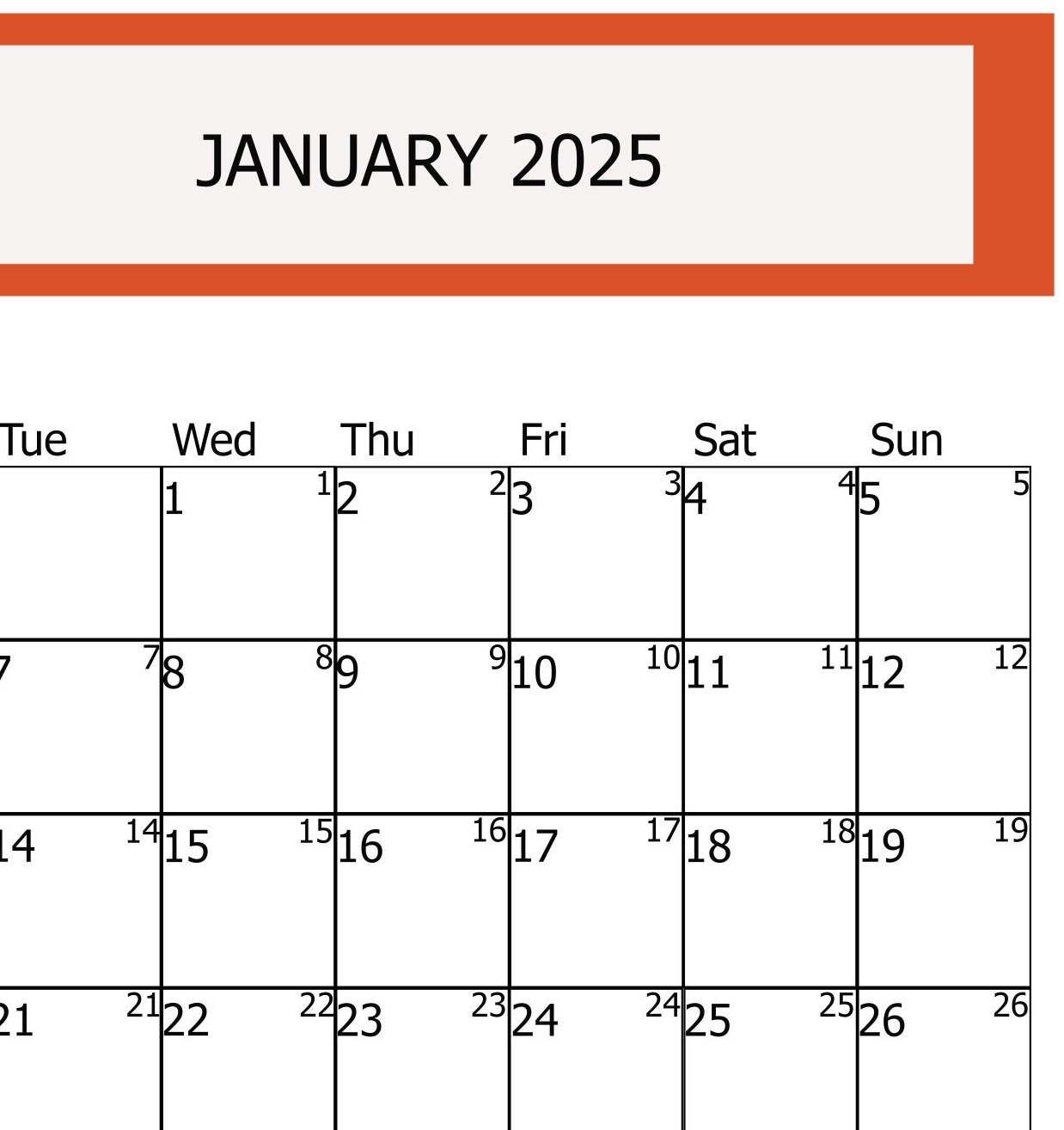 2025 January Digital Printable Calendar, New Year Planner, Digital