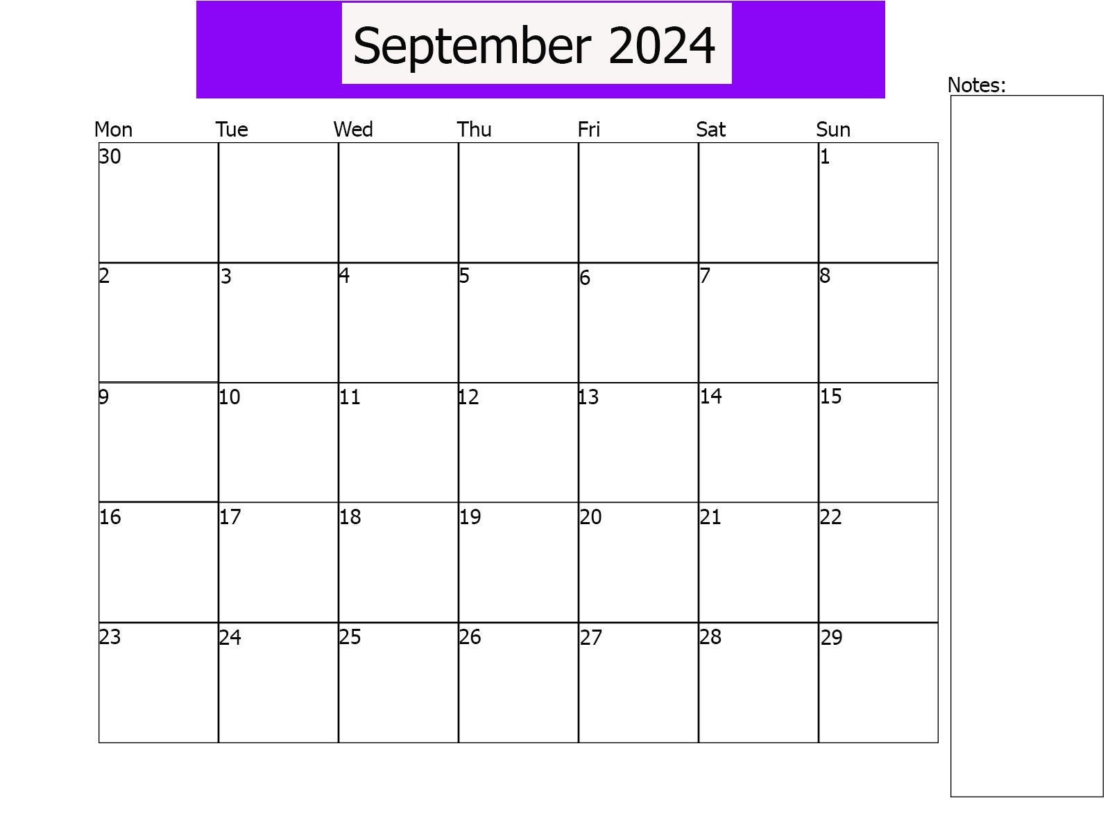September 2024 Calendar, September Printable, HORIZONTAL PRINT DOWNLOAD