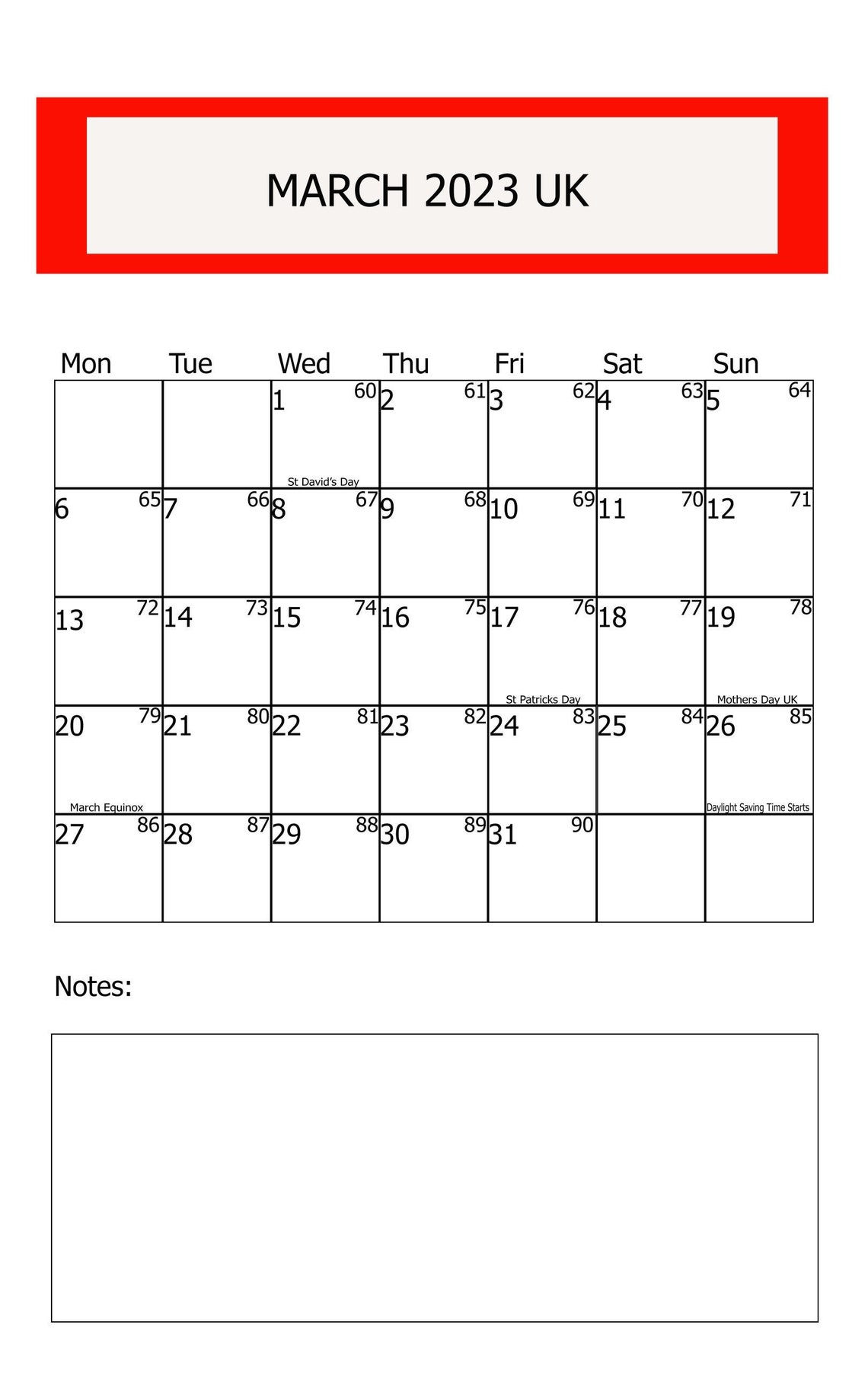 March 2023 Printable Calendar UK Dates and Holidays March - Etsy UK