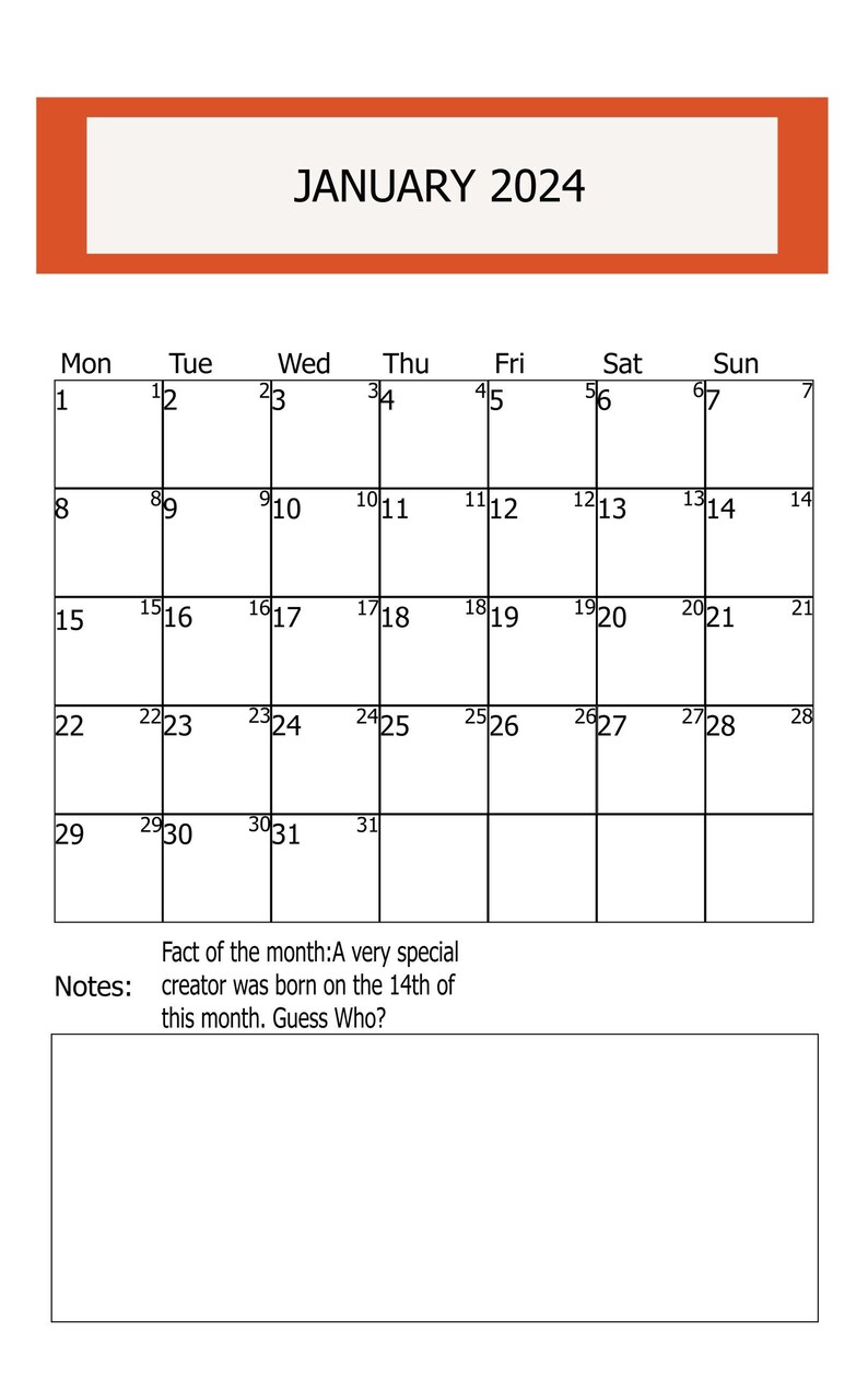 January 2024 Printable Calendarjanuary 2024 Kalender January - Etsy