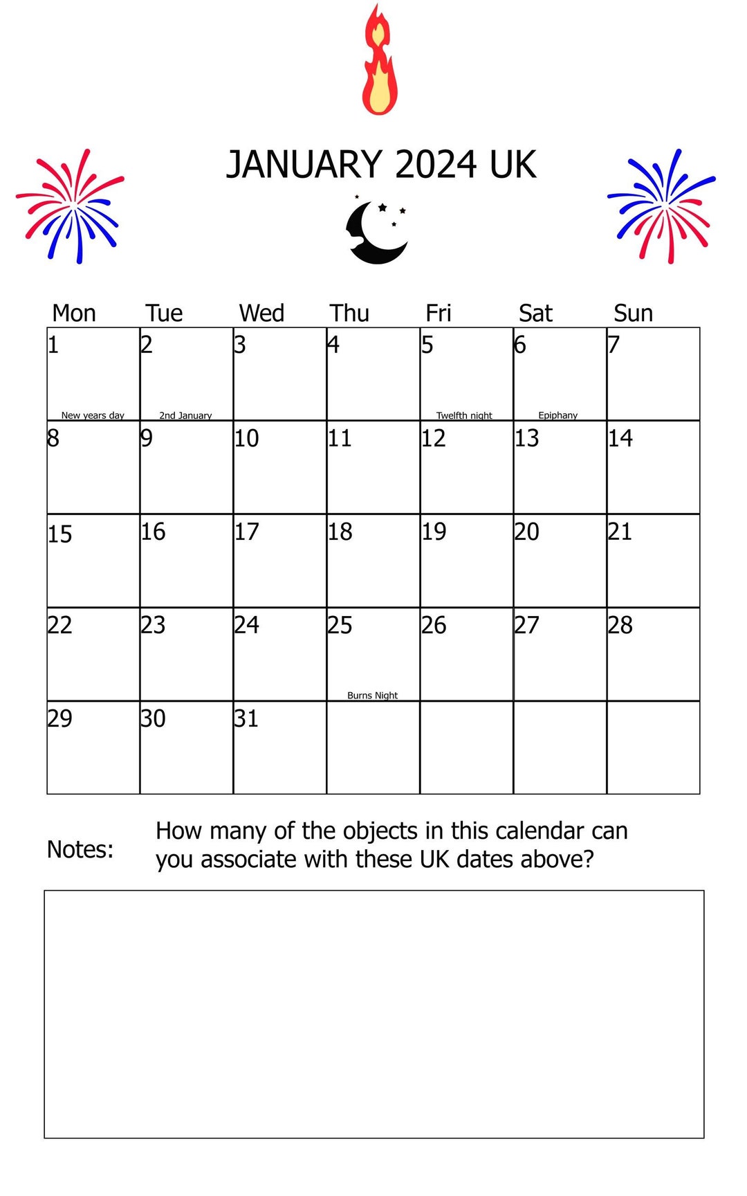 January 2024 UK Calendar With Symbols Associated for the UK, January