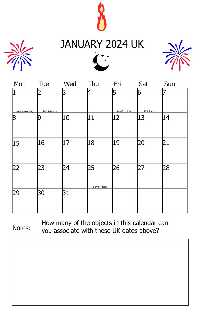 January 2024 UK Calendar With Symbols Associated for the UK Etsy