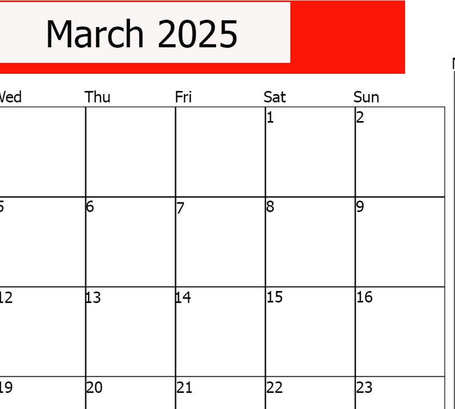 Image Of March 2025 Calendar