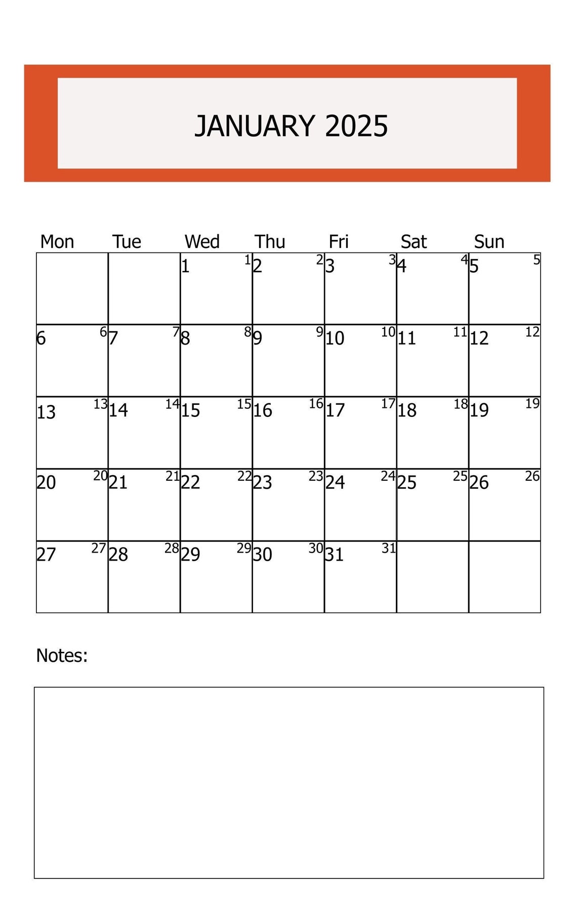 2025 January Digital Printable Calendar, New Year Planner, Digital ...