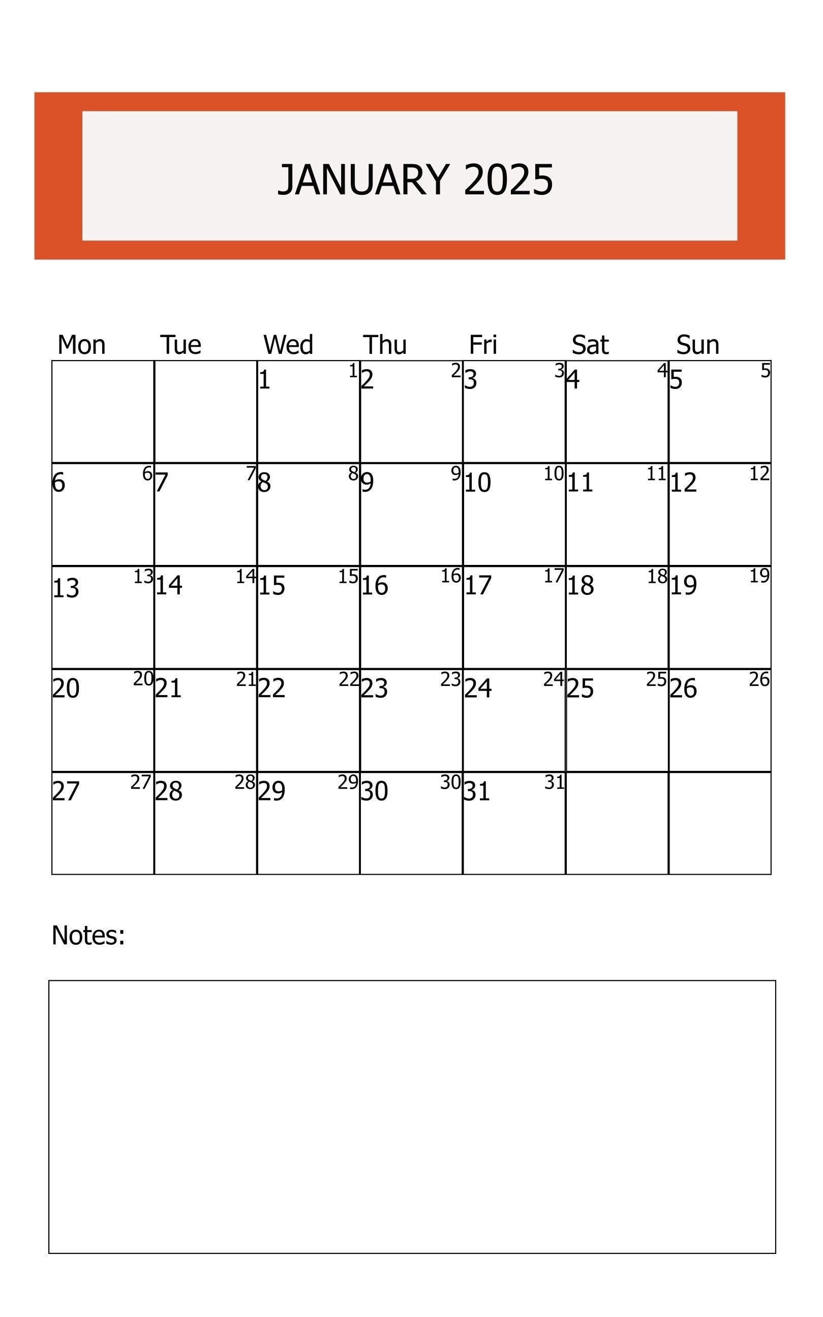 2025 January Digital Printable Calendar, New Year Planner, Digital ...