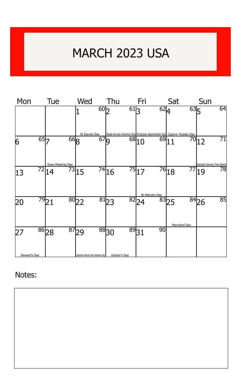 March 2023 Calendar Printable Vertical USA Holidays and - Etsy