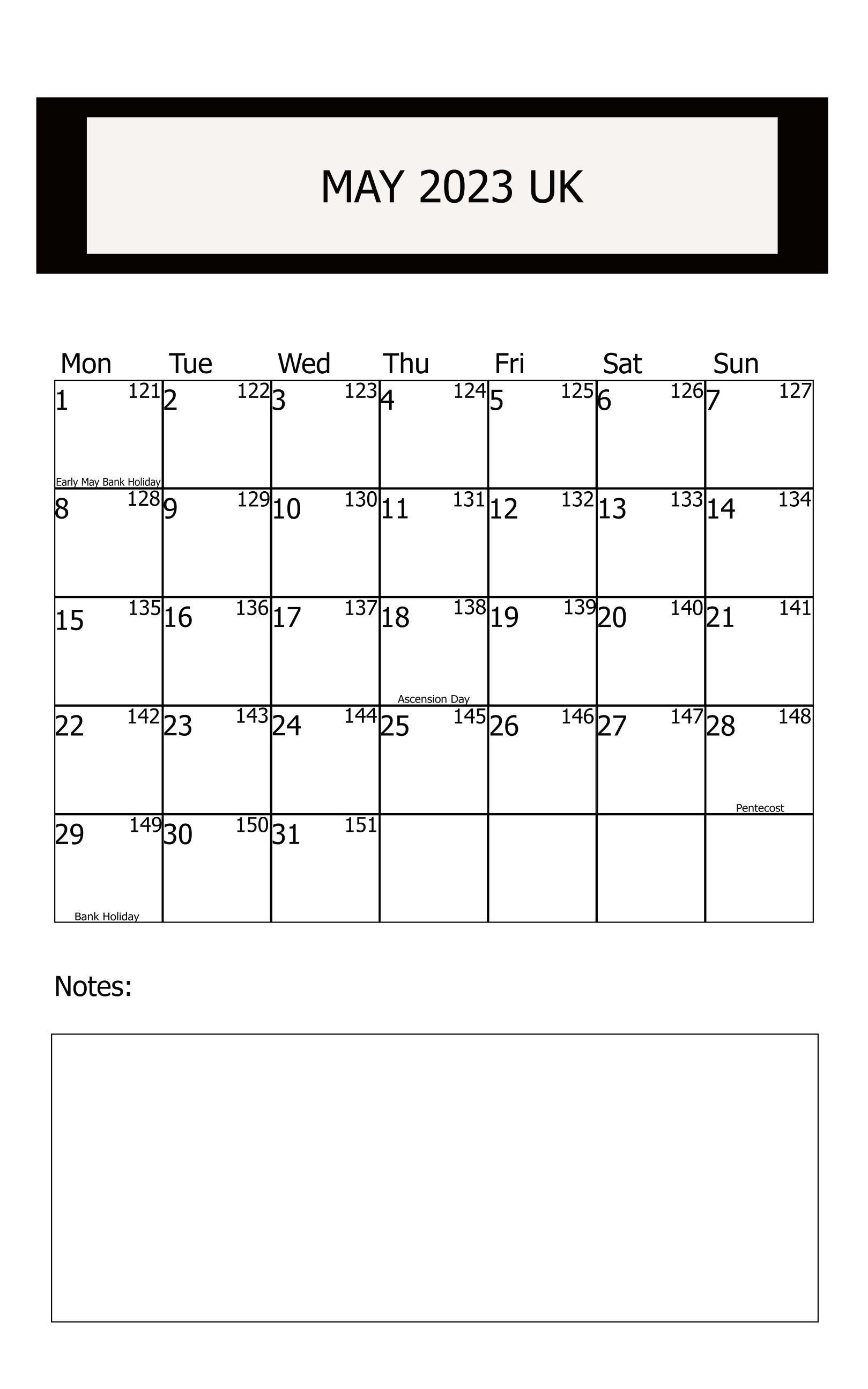 May 2023 Printable Calendar UK Dates and Holidays May 2023 - Etsy