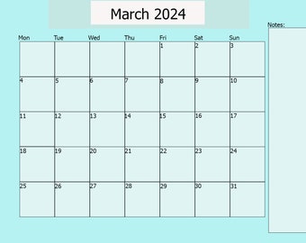 March Calendar|light blue calendar|march printable calendar|2024 digital calendar|jpeg calendar|2024 printable calendar