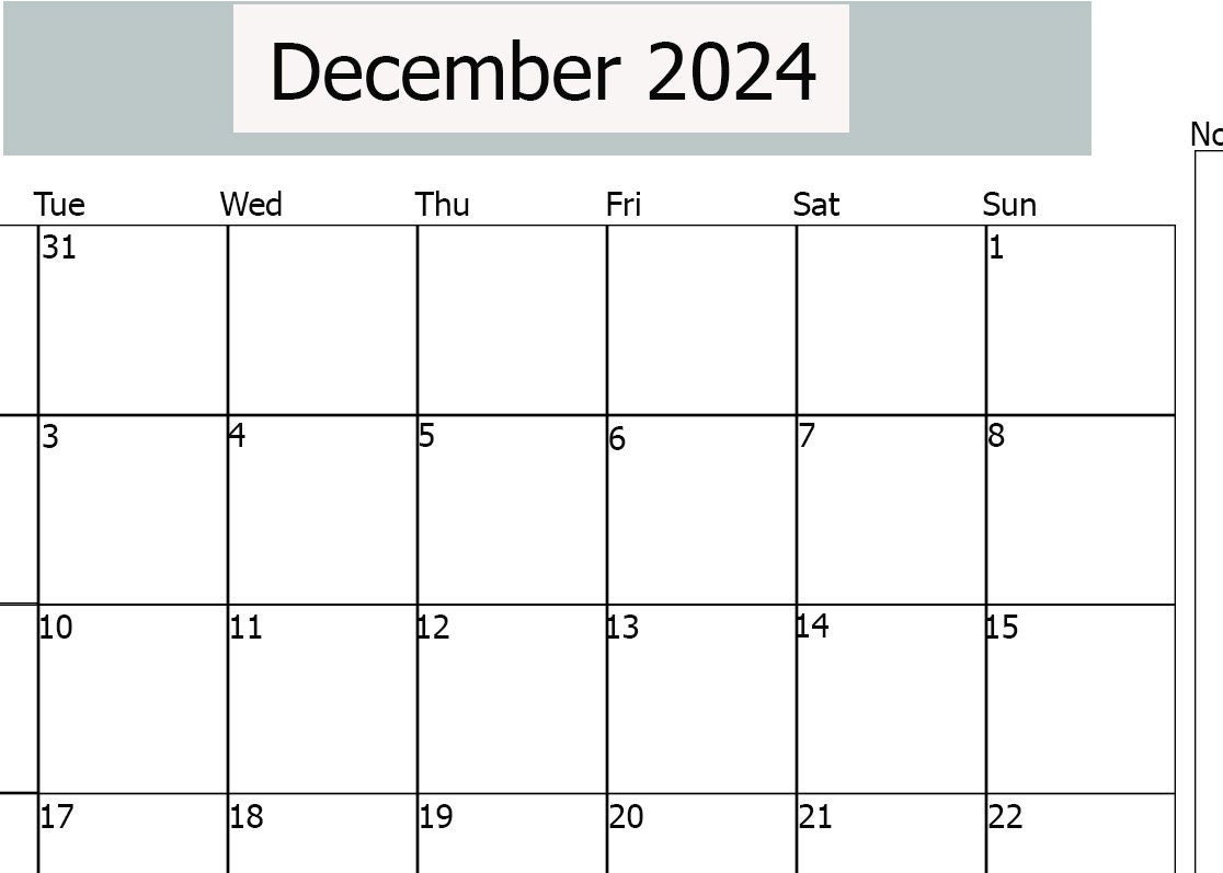 December 2024 Printable Calendar, Horizontal Calendar, December