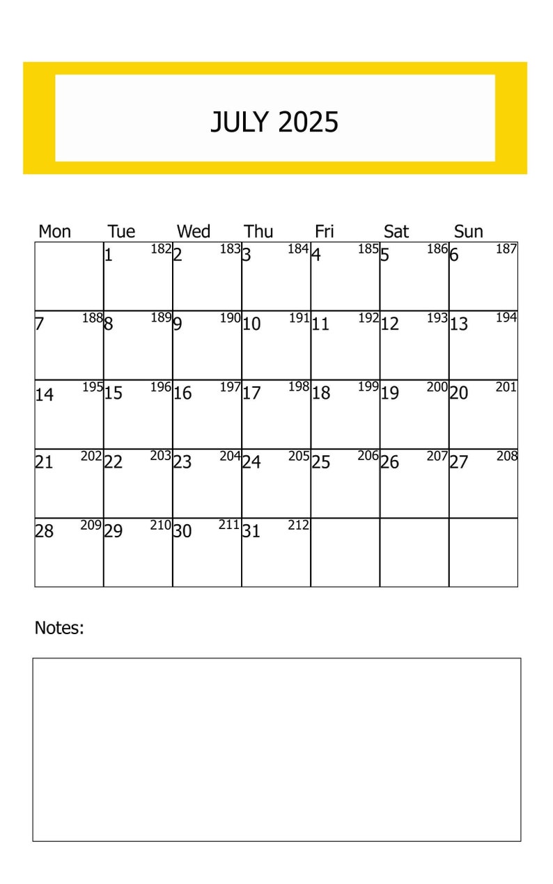 2025 July Printable Calendar DIGITAL CALENDAR 2025, PNG Print Etsy