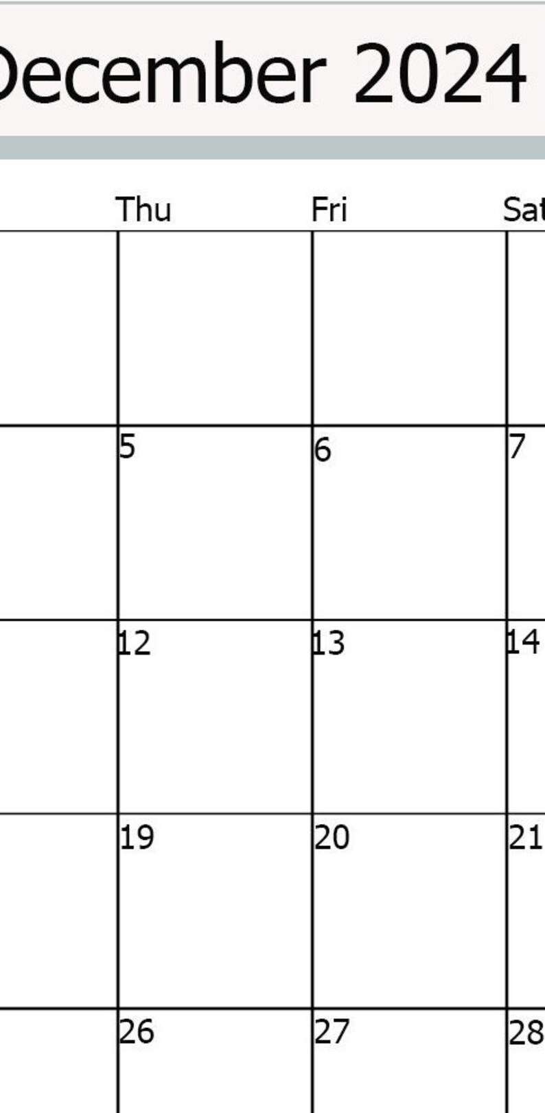 December 2024 Printable Calendar, Horizontal Calendar, December