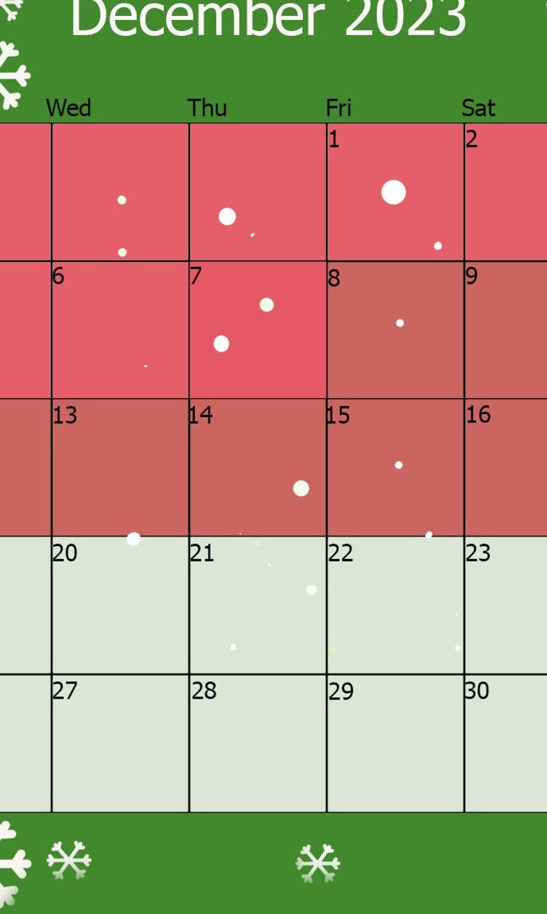 December Calendar 2023 Printable, Digital Christmas Calendar,green