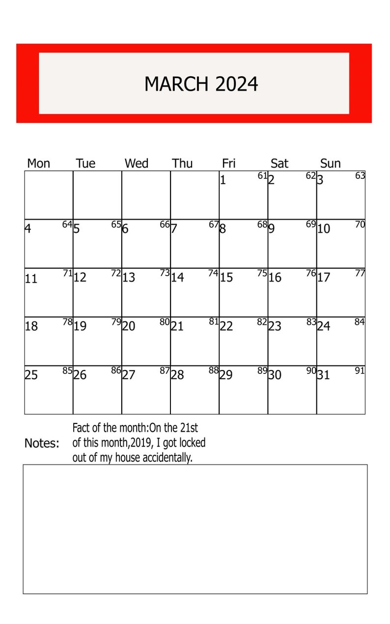 March 2024 Calendar Printable Vertical Calendar Digital Etsy