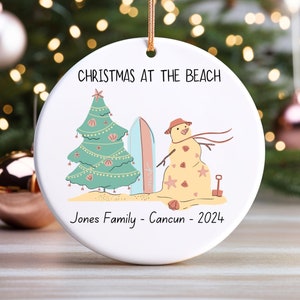 Personalized Christmas at the Beach Ornament Custom Family Name Beach Destination Coastal Holiday Decor Tropical Christmas Keepsake Gift