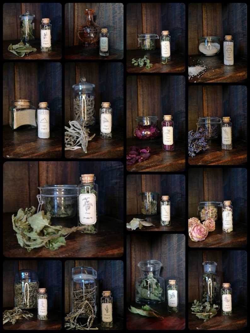 May include: A collection of glass jars and bottles filled with dried herbs and flowers. The jars are arranged on a wooden shelf with a rustic background. Each jar has a cork stopper and a label with a handwritten name for the herb or flower inside. The herbs and flowers include sage, lavender, rose petals, and other botanicals.