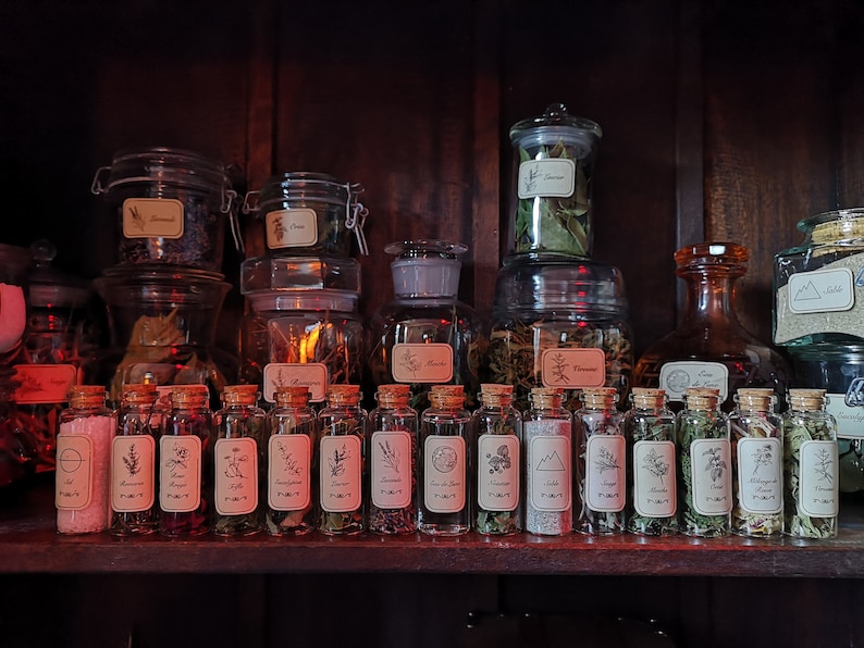 May include: A wooden shelf filled with glass jars containing dried herbs and flowers. The jars are labelled with handwritten labels and are arranged in a row. The jars are all different sizes and shapes. The shelf is dark brown and has a rustic look.