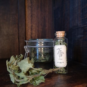 May include: A glass jar and a small glass bottle with a cork stopper, both containing dried herbs. The bottle has a label that reads "Ortie". The jar and bottle are sitting on a wooden shelf.