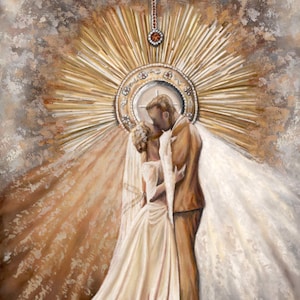 Belle impression giclée d'art pour mariage catholique. Les mariés portent les rayons de la Divine Miséricorde et l'Eucharistie. Intitulé « Comme je t'ai aimé ».