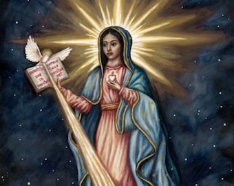 Our Lady of Guadalupe Missionary Madonna. Catholic Wall Art & Home Décor. Giclee Fine Art Print. Titled “Star of the New Evangelization”.