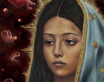 Our Lady of Guadalupe Painting. Beautiful Pro-life Wall Art. Baby Shower Gift for Catholic Mothers. Titled “Mother of the Unborn”.