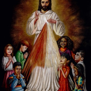 Jesus and the Little Children, Catholic Catechetical Giclee Art Print (5x7, 8x10): "A Child's Divine Mercy"