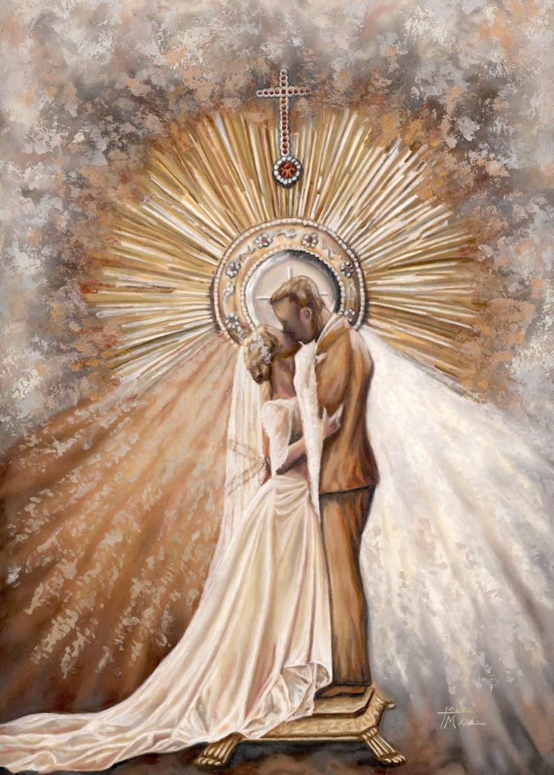 Beautiful Catholic Wedding Giclee Fine Art Print. Bride & Groom with Divine Mercy Rays and the Eucharist. Titled, As I Have Loved You.