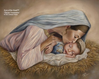 Beautiful Nativity Image.  Painting of Mother Mary with Baby Jesus. Sacred Christmas Art, Christmas Gift. Titled, "Divine Tenderness."
