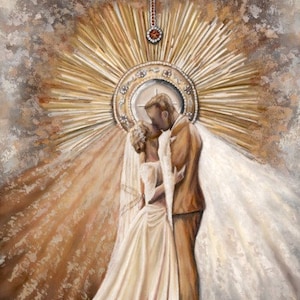 Beautiful Catholic Wedding Giclee Fine Art Print. Bride & Groom with Divine Mercy Rays and the Eucharist. Titled, "As I Have Loved You."