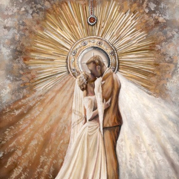 Beautiful Catholic Wedding Giclee Fine Art Print. Bride & Groom with Divine Mercy Rays and the Eucharist. Titled, "As I Have Loved You."