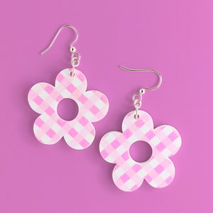 Pink Gingham Flower Acrylic Earrings