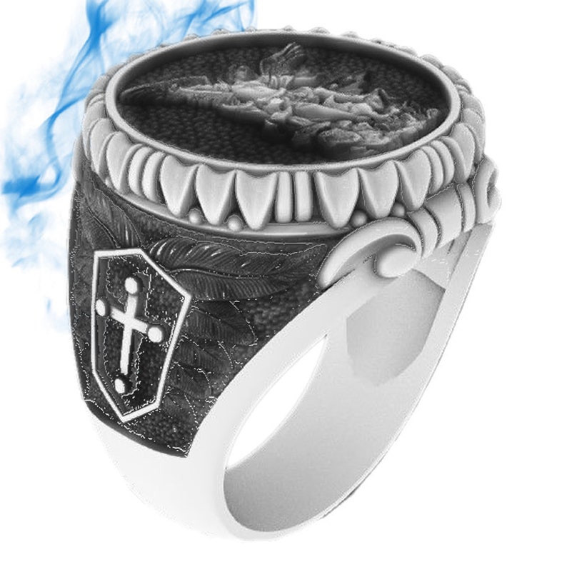 Archangel St Michael Slaying the Devil Solid Sterling Silver Men Ring