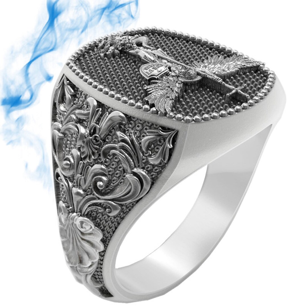 Archangel St Michael Slaying the Evil Solid Sterling Silver Men Ring