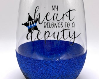 20.5 fl oz stemless wine glass, blue ombre, customizable, law enforcement family