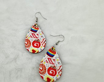 Sublimated Teardrop Earrings, Sweet Treats Print, Chic Fashion