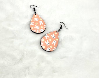 Sublimated Teardrop Earrings, Bunny Print, Easter Jewelry
