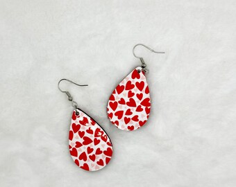 Sublimated Teardrop Earrings, Red and Pink Heart Jewelry