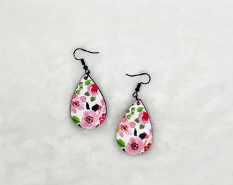 Floral Teardrop Earrings, Sublimation Print, Hypoallergenic Hooks