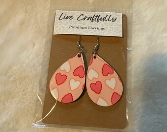 Sublimated Teardrop Earrings, Red and Pink Heart Jewelry